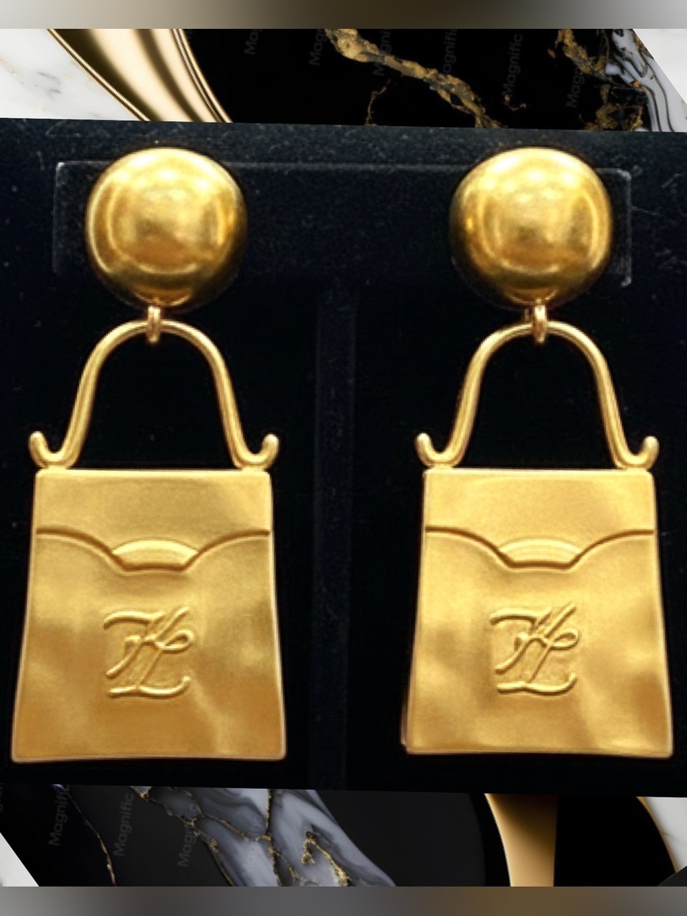 KARL LAGERFELD Gold  Handbag Earrings✨STUNNING ✨Dangle Drop CLIP-ON